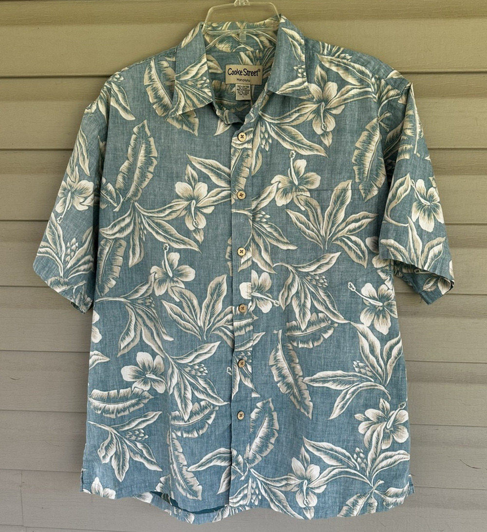 Cooke St Hawaiian Shirt Blue/Green White Tropical 100% Cotton Men’s Size Large